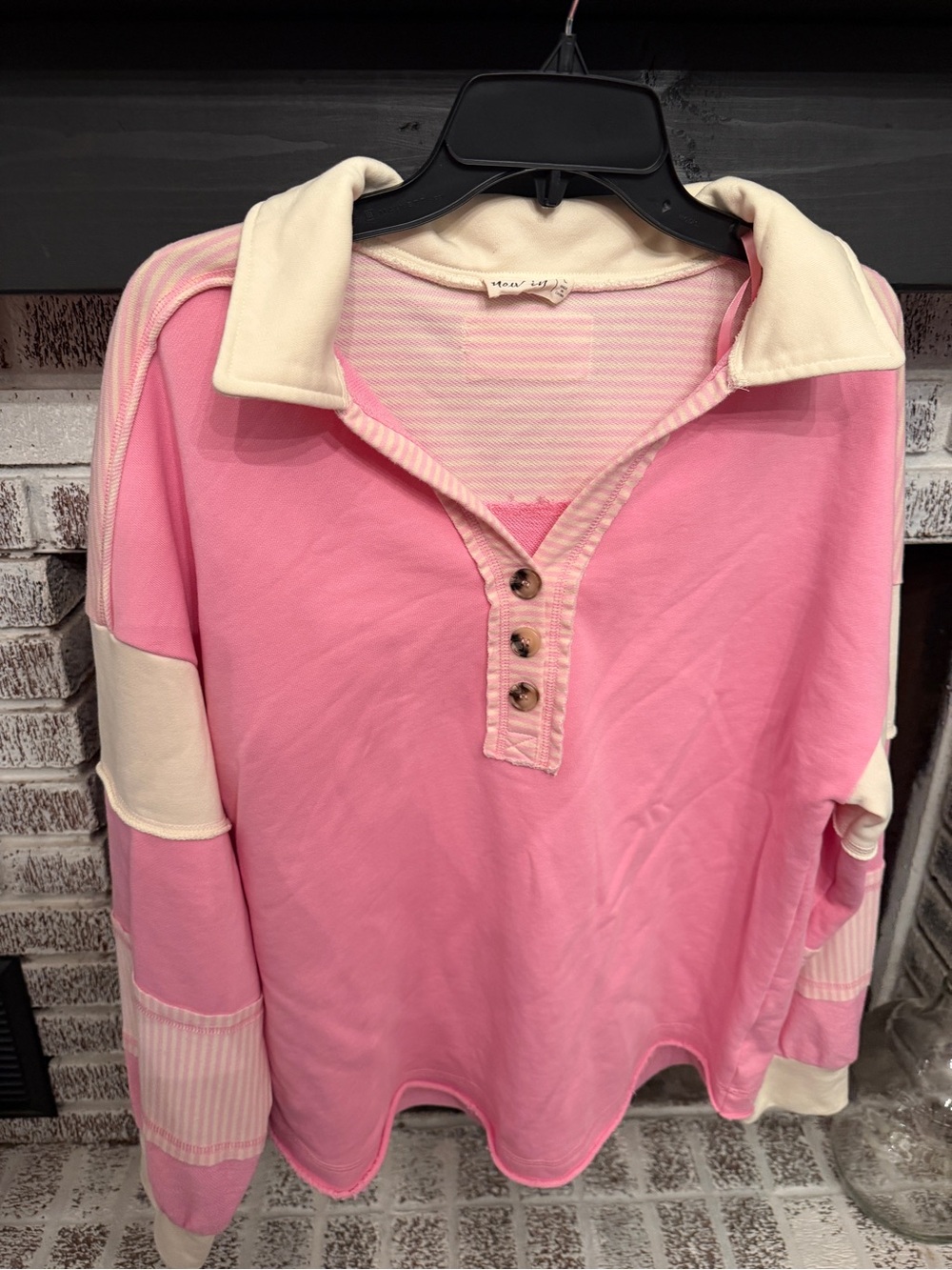 Women’s Pink Button-Front Sweatshirt with Cream Accents